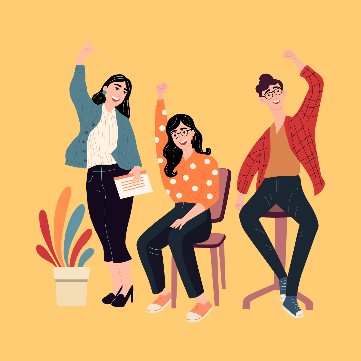 Paralegals cheerfully waving because of Lawmatics, with plants in a pot in the foreground, against a yellow background.