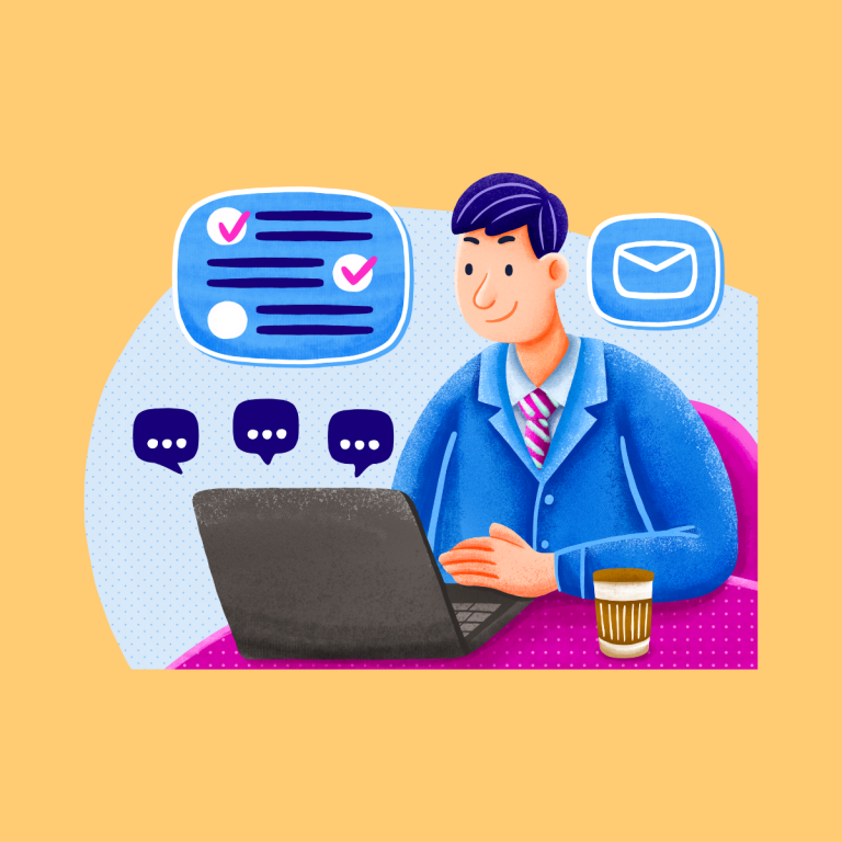 Man in a blue suit doing legal automation with Lawmatics, surrounded by chat and email icons.