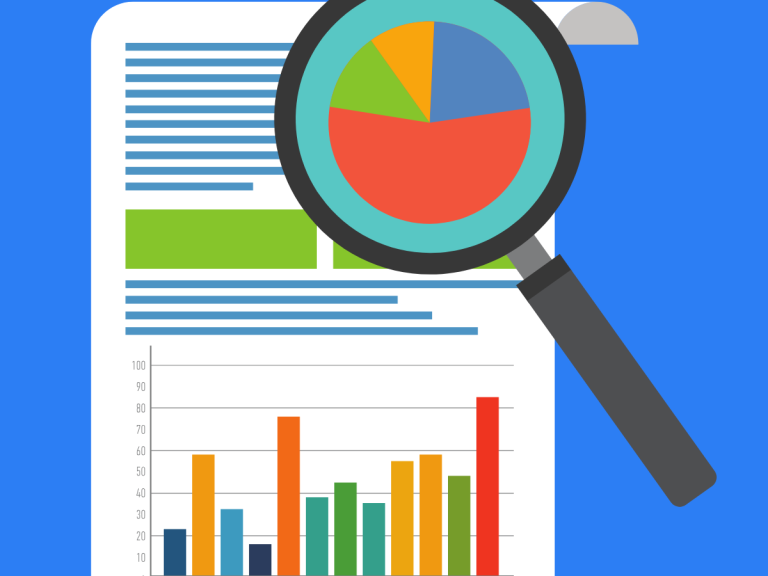 Lawmatics analytics report with charts and graphs under a magnifying glass on a blue background.