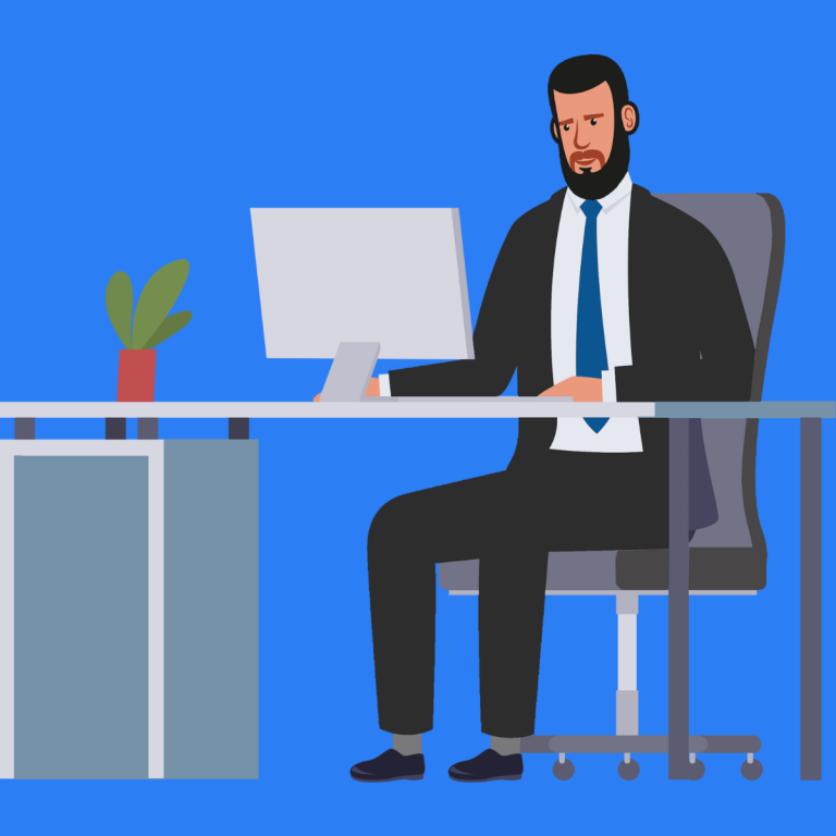 Lawyer in a suit doing a Lawmatics integration at a desk with a computer and a small plant.