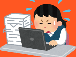 Person not using Lawmatics looking stressed while working on a laptop, surrounded by stacks of papers.
